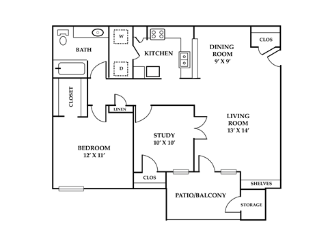 Floor plan for 2 beds, 1 bath, 889 sqft